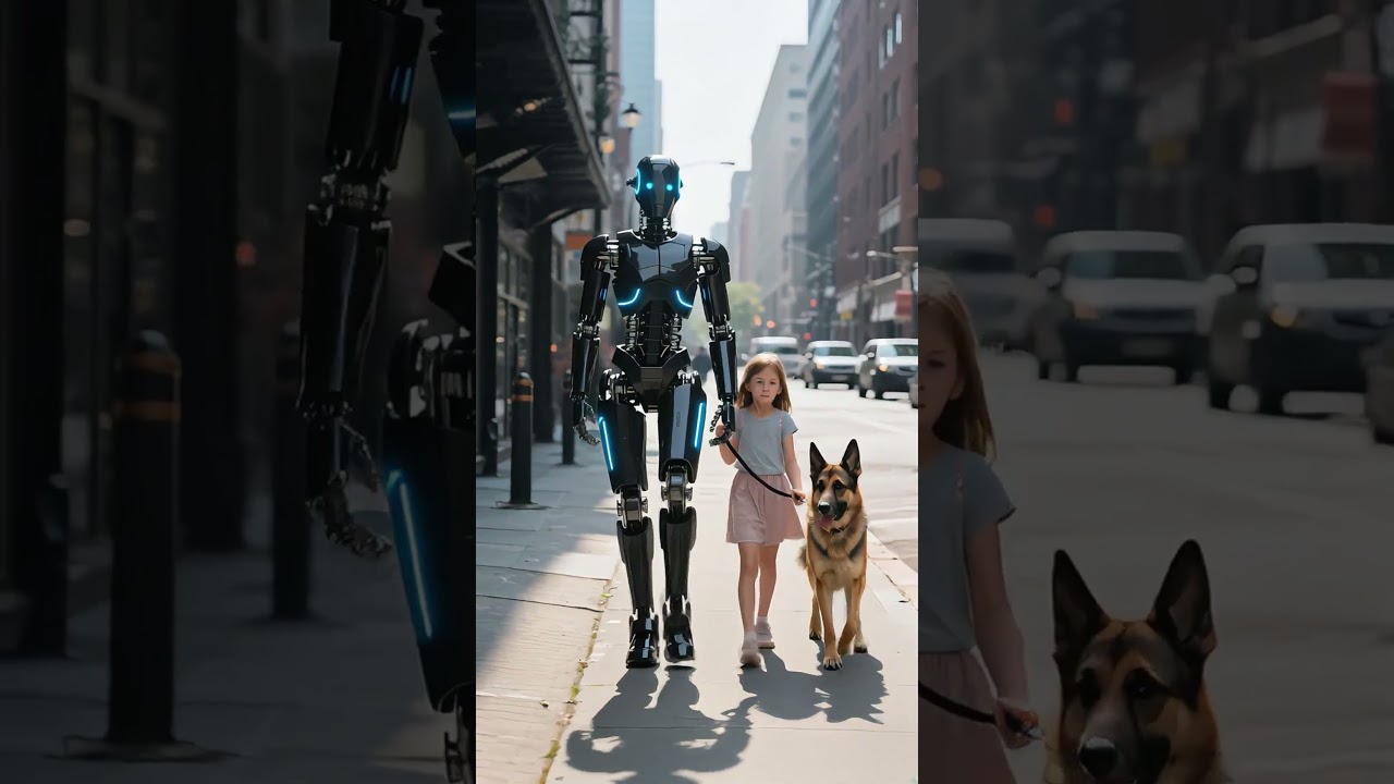 Robot Humanoid Berjalan di Jalan Bersama Gadis Kecil – Inovasi Robotika Masa Depan